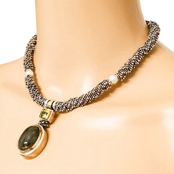 Michael Dawkins 925 Sterling Caviar Beaded Necklace Labradorite Peridot Pendant - Picture 3 of 16